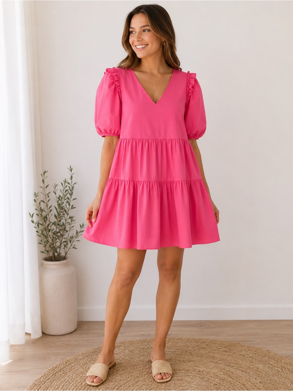 Hyacinth House V-Neck Tiered Mini Dress in Bright Pink